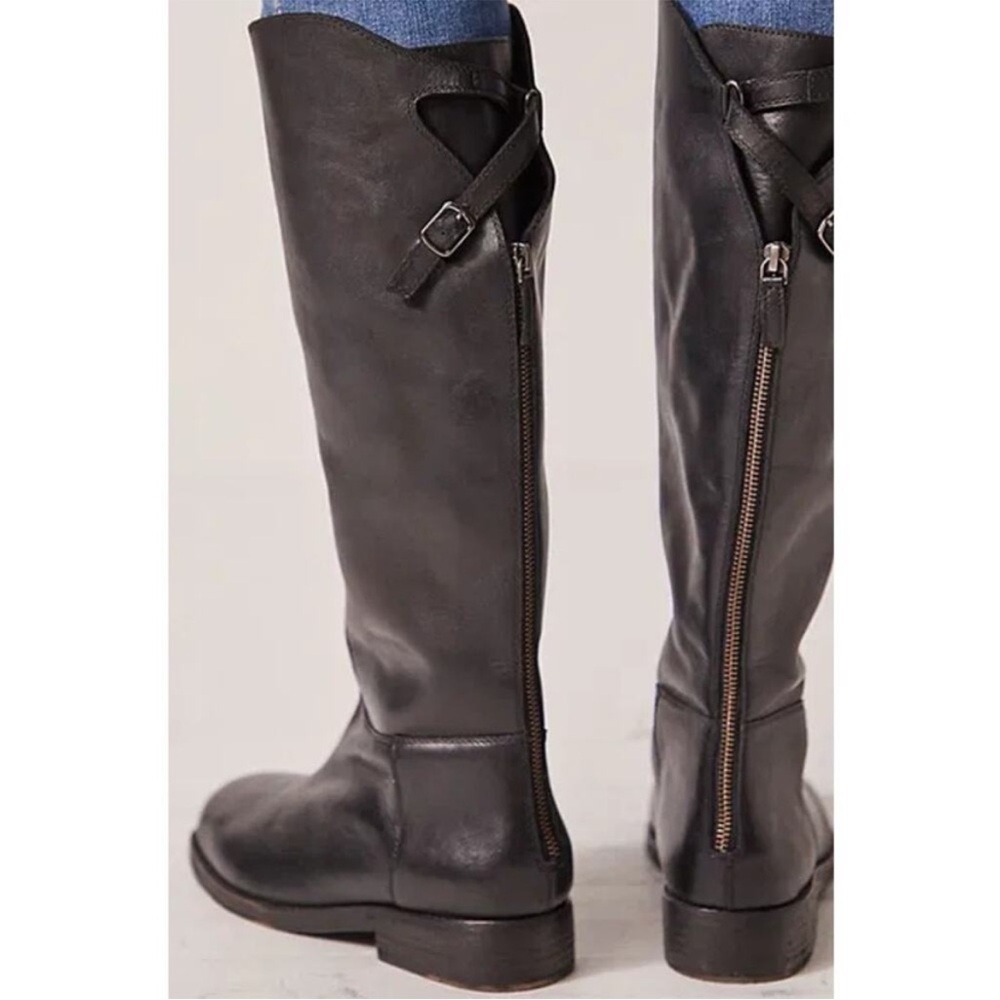 Free People Faded Black Everly Equestrian Boots Leather Zipper Back - Picture 16 of 16